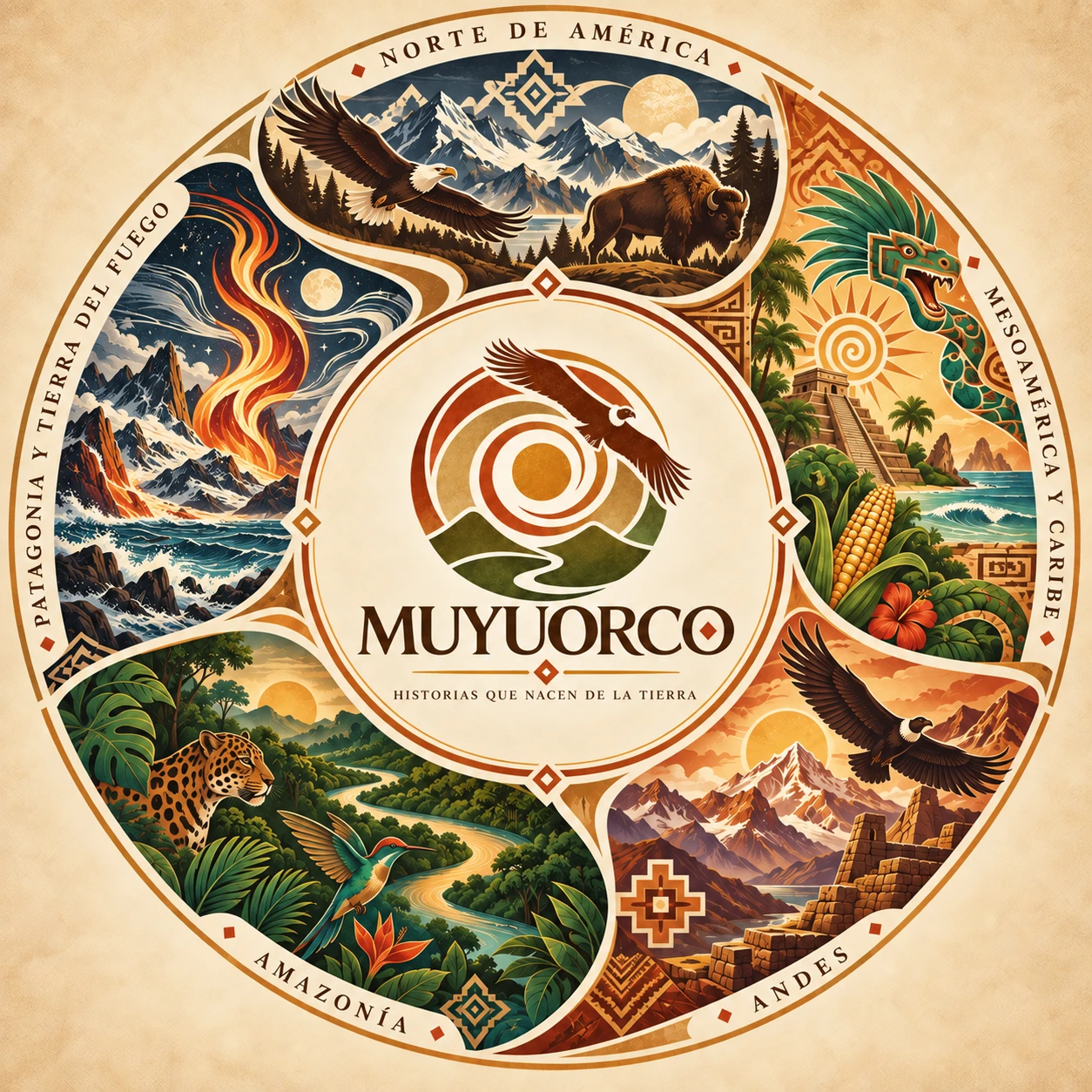 Roots: the 5 great territories of Muyuorco. North America, Mesoamerica and the Caribbean, the Andes, the Amazon, Patagonia and Tierra del Fuego